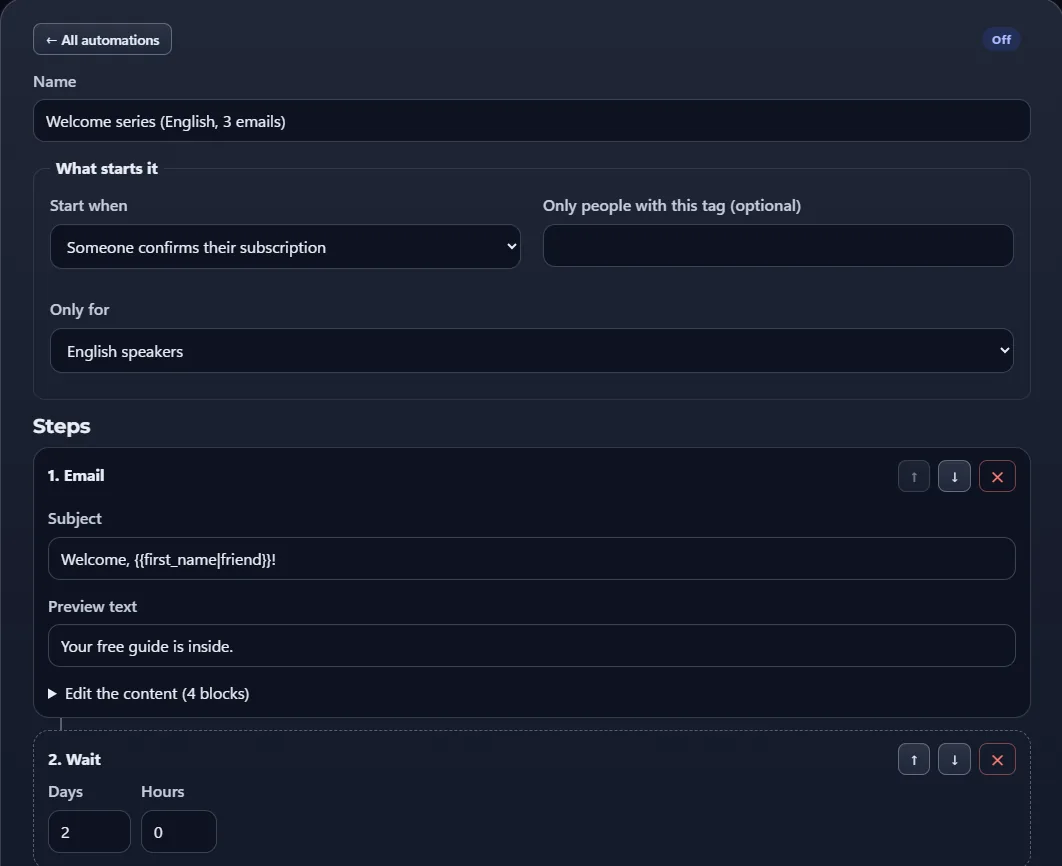 Email automation editor for a three-email welcome series that starts when someone confirms their subscription, with an email step followed by a two-day wait.
